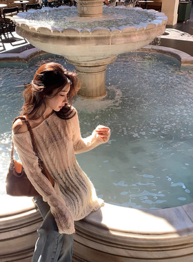 也池白色羊毛圆领镂空针织罩衫裹胸两件套长袖仿马海毛上衣CHI大