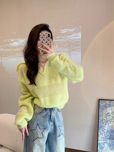 黄色上衣短款 新款 小众设计感宽松慵懒风马海毛针织衫 早 毛衣女秋装