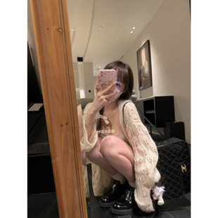 春款 韩系早秋穿搭上衣轻盈浮雕马海毛镂空毛衣外套女秋季 针织开衫