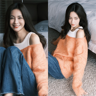 沈梦辰同款假两件小心机性感毛衣女露肩针织衫上衣宽松慵懒外穿秋