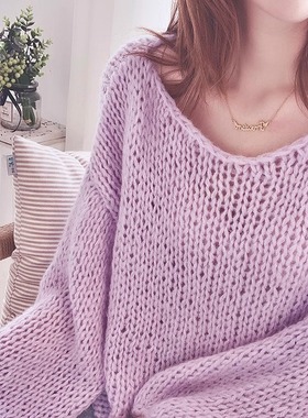 紫色马海毛毛衣女宽松慵懒外穿镂空上衣秋季一字领针织衫大码初秋