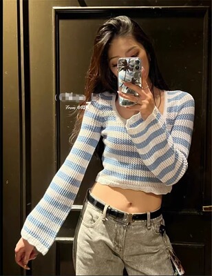 送运费险条纹针织衫镂空春秋上衣