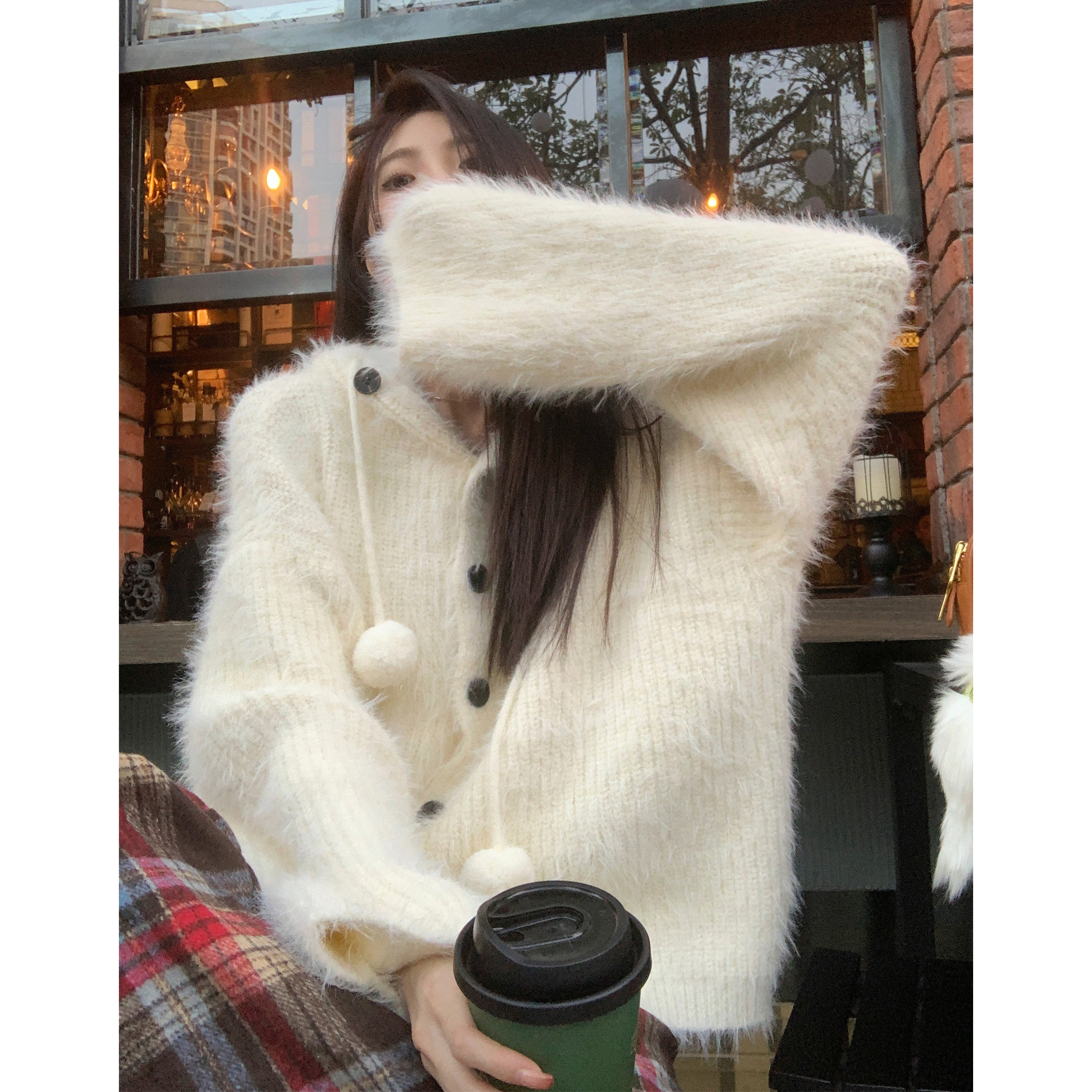白色水貂绒连帽毛衣外套女冬季奶fufu软糯加绒加厚针织衫开衫秋冬
