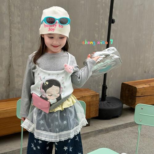 26秋 橙小七  26657女童卡通女孩灰色假两件长袖T恤