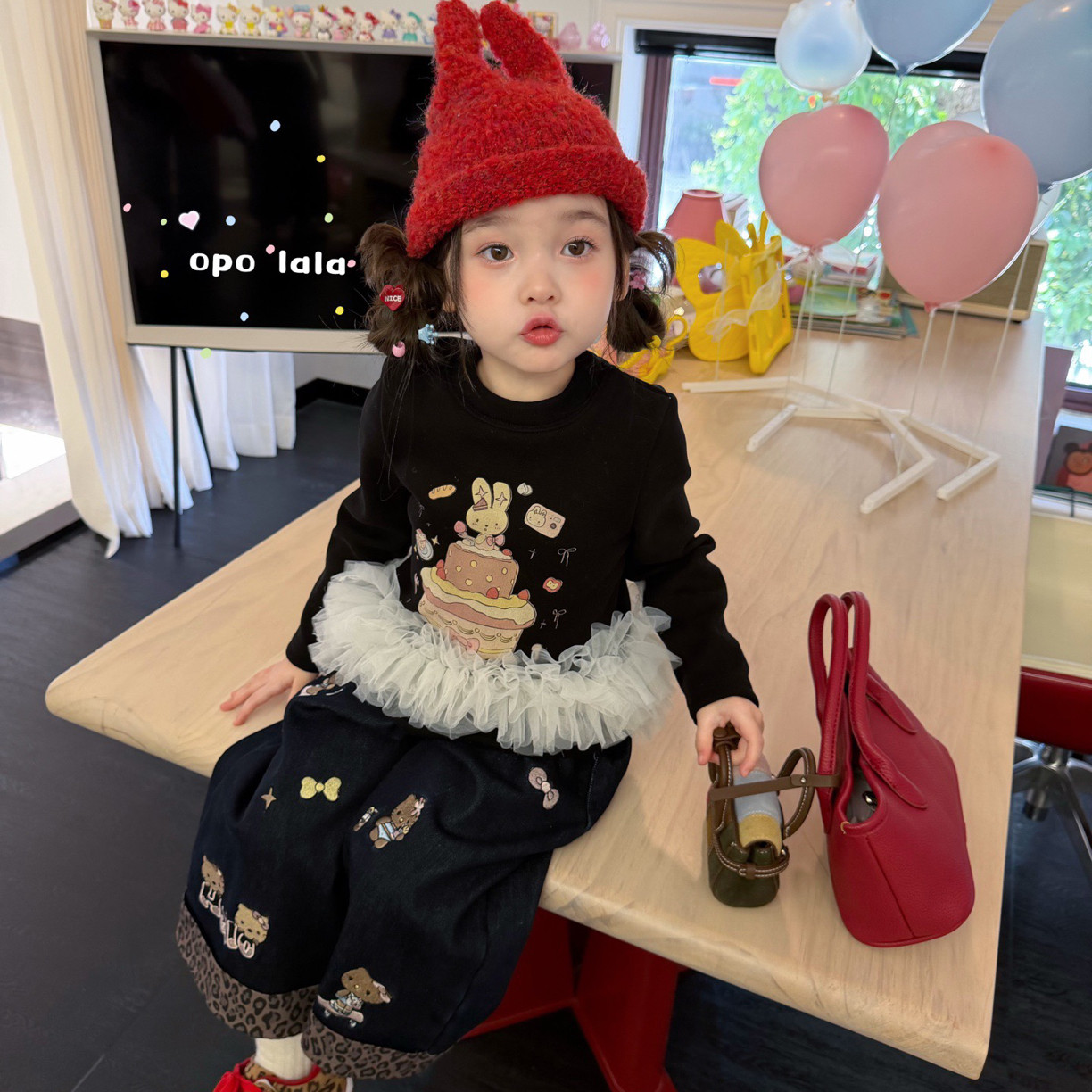 Opolala 26冬~女童兔子拼纱打底衫82150豹纹kitty加绒牛仔裤82151