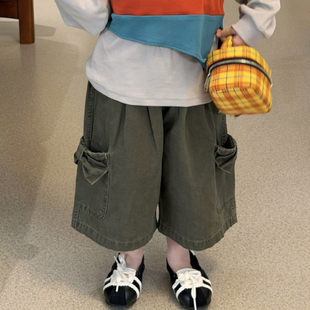汉服 军绿色蝴蝶结七分阔腿裤 7052女童2026春款 Opao