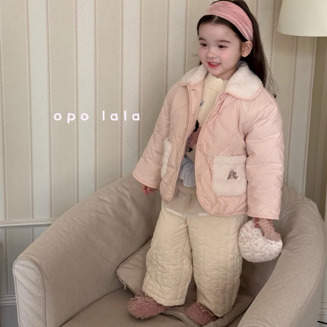 Opolala 25冬 女童粉色翻领棉衣7065 小狗毛衣7092 白色棉裤7020