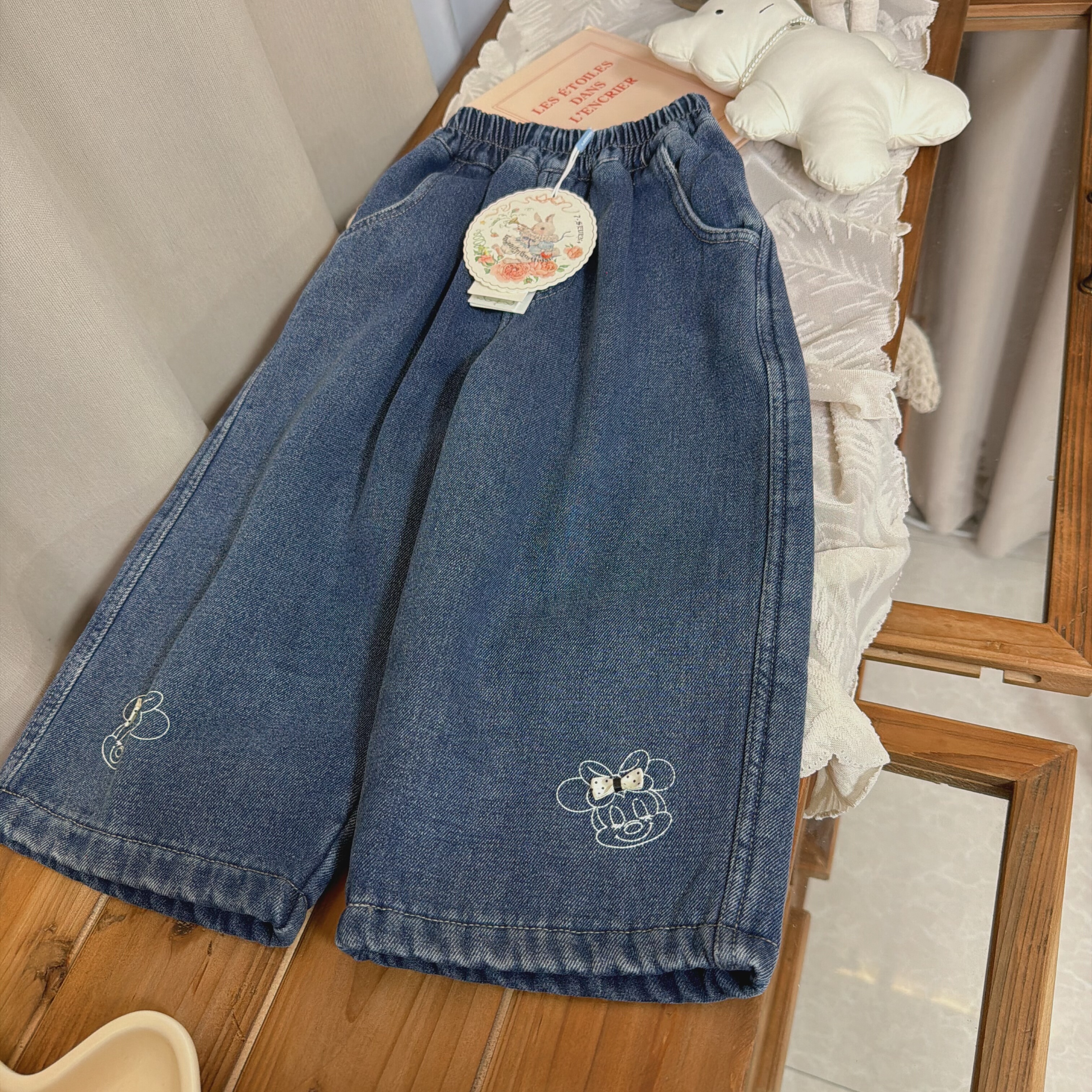 7seven 25冬 7387女童深蓝色米奇加绒牛仔裤直筒裤