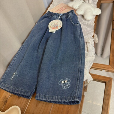 7seven 25冬 7387女童深蓝色米奇加绒牛仔裤直筒裤