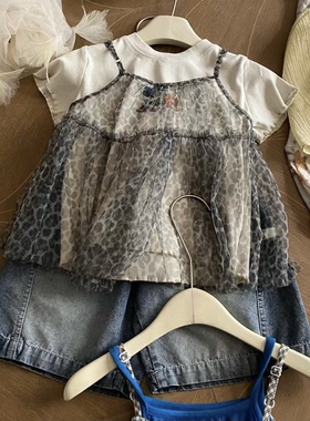 爱尚baby 26夏 26211女童豹纹吊带短袖两件套 牛仔中裤26919