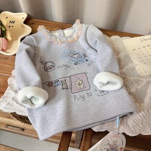 7seven 9427女童25冬灰色蕾丝边领口灰色加绒卡通打底衫内搭上衣