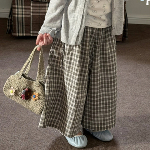 Opao 6038女童2026春款韩系灰色格子阔腿裤