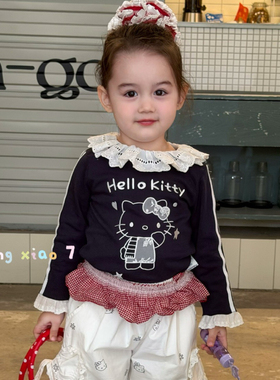 橙小七 26032女童2026春款藏青色kitty刺绣花边上衣