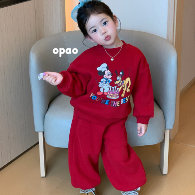 Opao 26冬 5117女童红色圆领米奇羔羔毛加绒卫衣卫裤套装