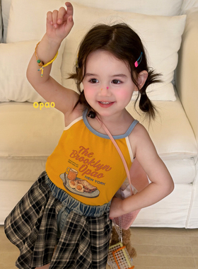 Opao•26夏~女童黄色吊带背心6722 格子拼接牛仔短裤8036