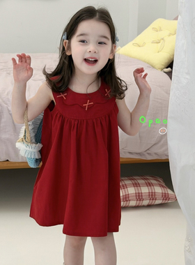 26夏 opao 7783女童紅色娃娃领无袖连衣裙