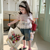 牛仔五分裤 26夏 562113 女童卡通条纹拼纱短袖 562180 苏右