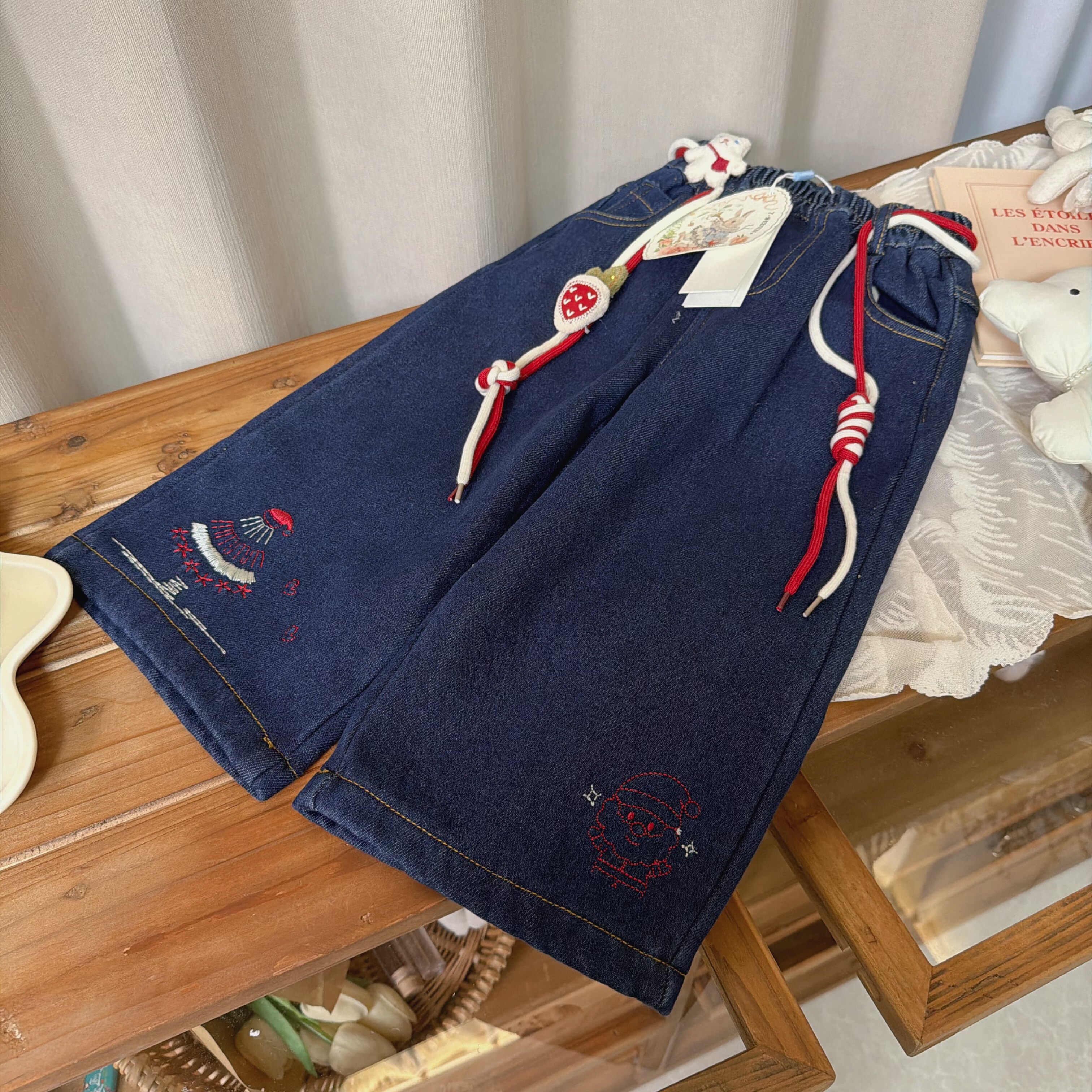 7seven 25冬 2107女童深蓝色圣诞卡通加绒牛仔裤直筒裤