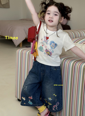 26夏 Timoo 女童卡通短袖7268 卡通印花牛仔七分裤7192