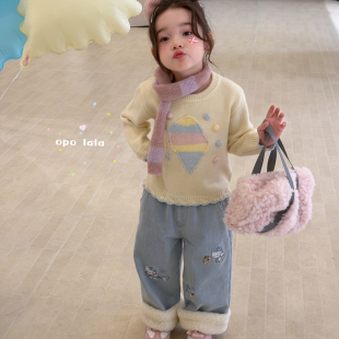 Opolala 26冬~女童冰淇淋套头毛衣82162 刺绣毛毛边牛仔裤82177