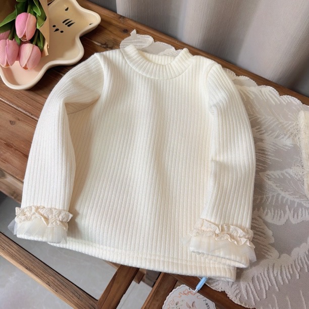 7seven 25冬 3051女童袖口蕾丝边米色半高领加绒打底衫内搭上衣