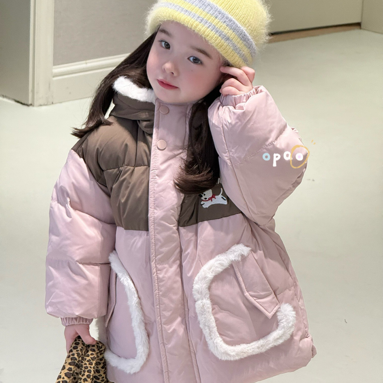 Opao 8608冬款女童粉色拼色连帽羽绒服