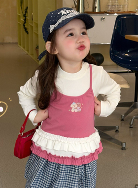 Opao 7006女童2026春款米白色吊带假两件卡通印花长袖T恤