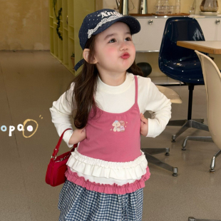 T恤 米白色吊带假两件卡通印花长袖 Opao 7006女童2026春款