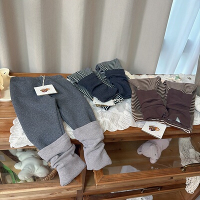 小鹿幕水 24732女童冬款加厚一体绒条纹打底裤带袜套