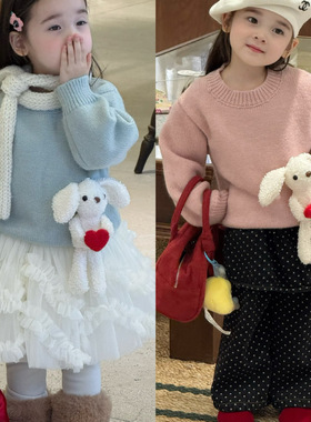 橙小七 25秋冬 女童立体小狗毛衣5273 圆点屁帘加绒裤5230