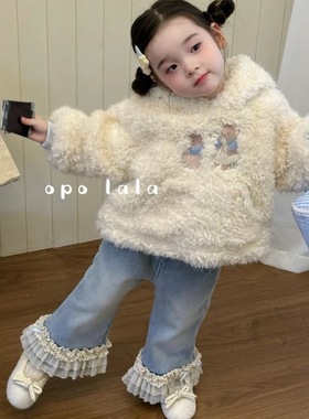Opolala 25冬 女童白色熊耳朵毛毛连帽外套7166 加绒牛仔裤7100