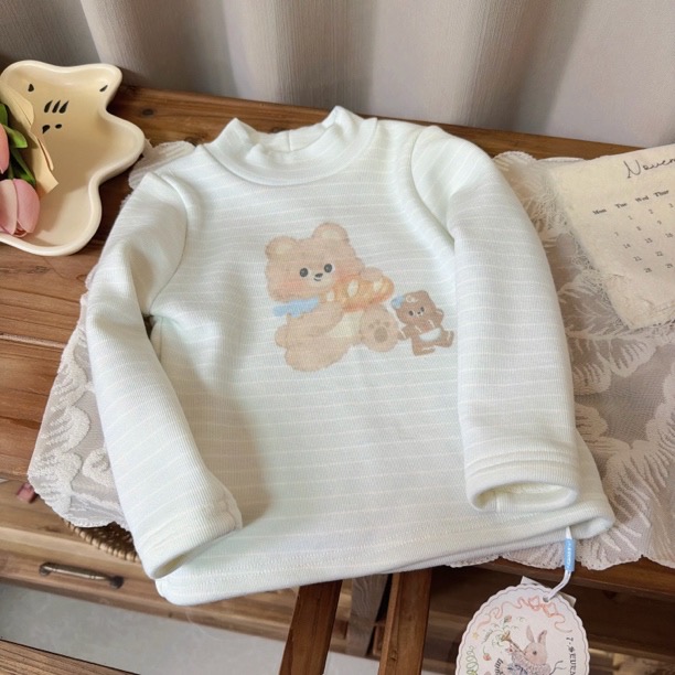 7seven 25冬 9276女童半高领加绒蓝色条纹小熊打底衫内搭上衣