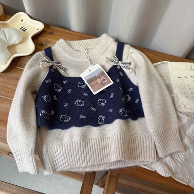 XMX(80-120码） 25冬 533女童kitty背心假两件套头毛衣