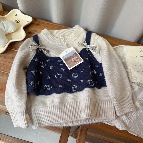 XMX(80-120码） 25冬 533女童kitty背心假两件套头毛衣