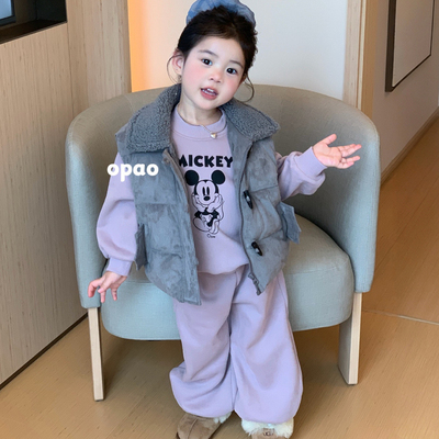 Opao 26冬 女童卡通加绒卫衣卫裤套装5013 加厚毛毛翻领马甲5055