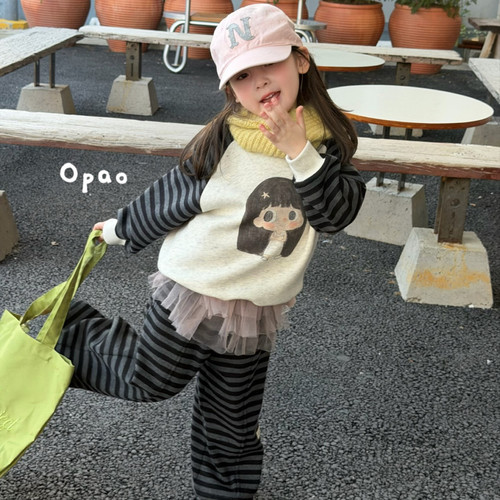 Opao 26冬 6030女童条纹卡通印花加绒卫衣套装(不含屁帘)