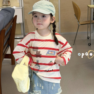 T恤 红色条纹长袖 Opao 6016女童2026春款