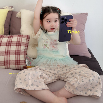26夏 Timoo 女童卡通拼纱短袖6830 碎花裤7256