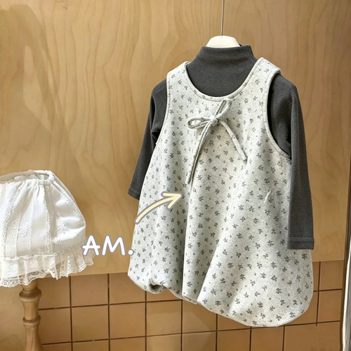 AM 26冬~66151女童米色碎花呢料夹棉背心裙娃娃裙