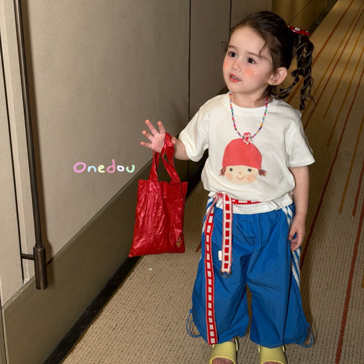 26夏 one豆 女童可爱小人短袖6235 蓝色工装裤6362