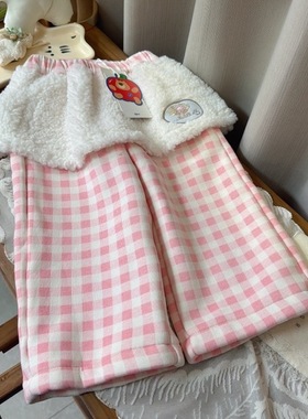 釉兮 25冬 5256女童粉色格子工装裤带毛毛屁帘裤脚可收脚口