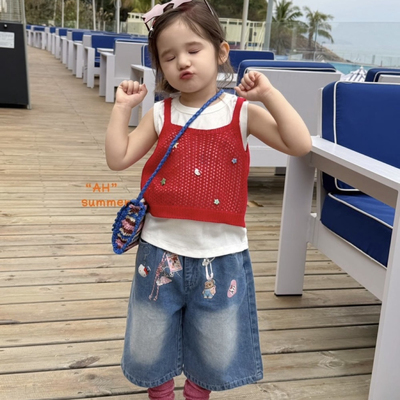 26夏AH 女童红色针织背心两件套77225 牛仔七分裤77153