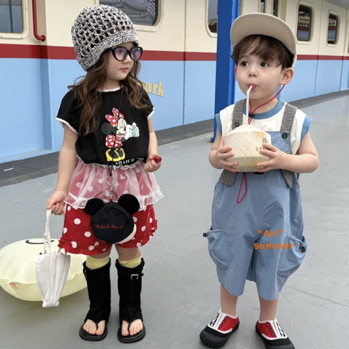 26夏 AH 女童黑色米奇短袖77305 红色圆点短裤77285