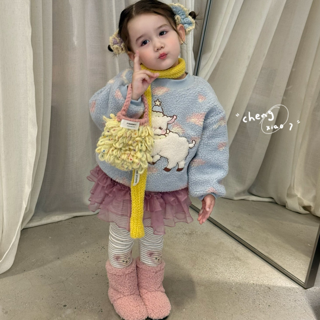 橙小七 25秋冬 套装女童小羊羔羔毛加厚卫衣5295 卡通打底裤5322