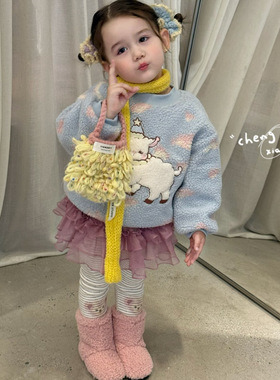 橙小七 25秋冬 套装女童小羊羔羔毛加厚卫衣5295 卡通打底裤5322