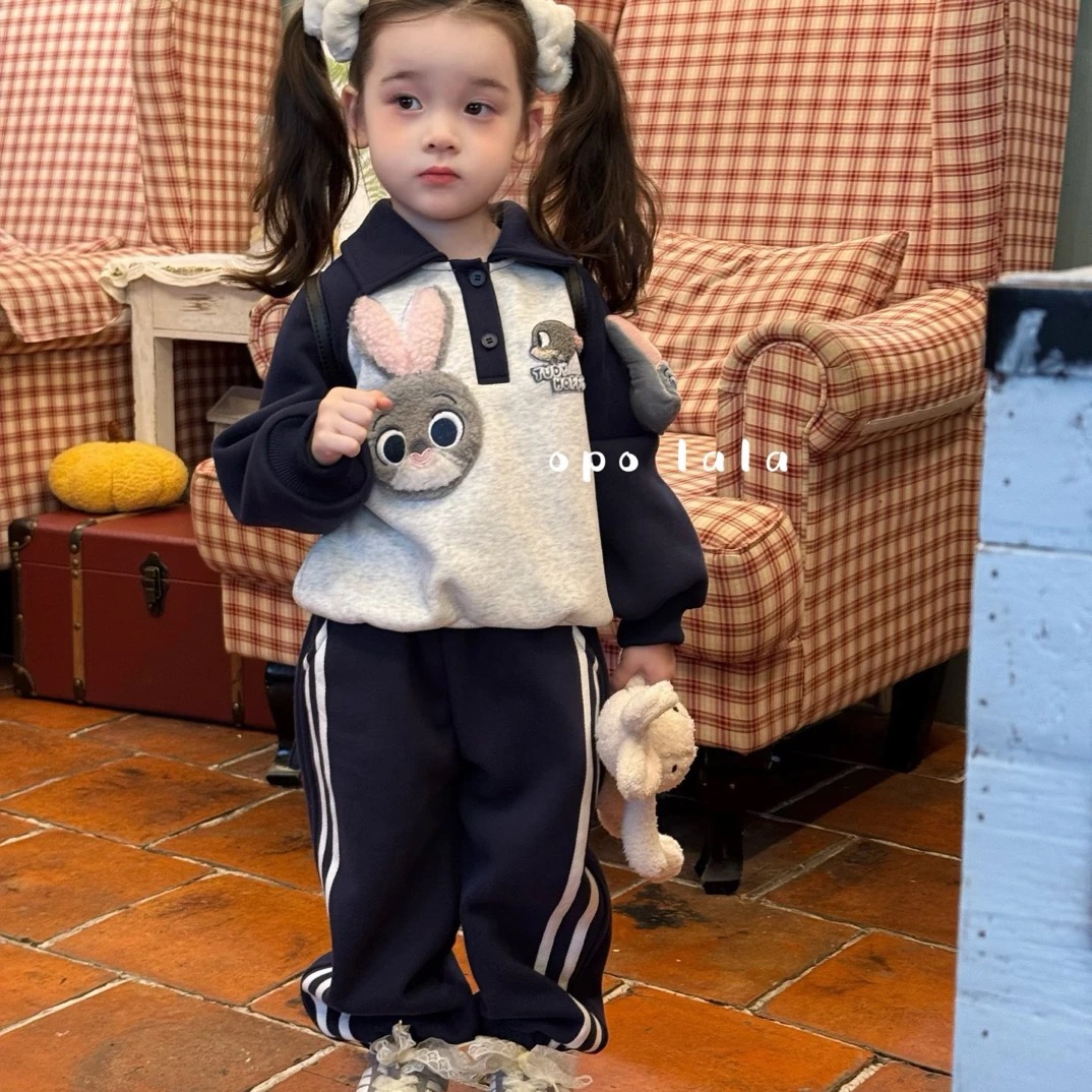 Opolala 25秋冬女童翻领卡通兔子加绒卫衣+卫裤两件套7135