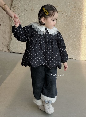 7seven 25冬 女童圆点娃娃领棉衣368 加绒灰色直筒裤1318