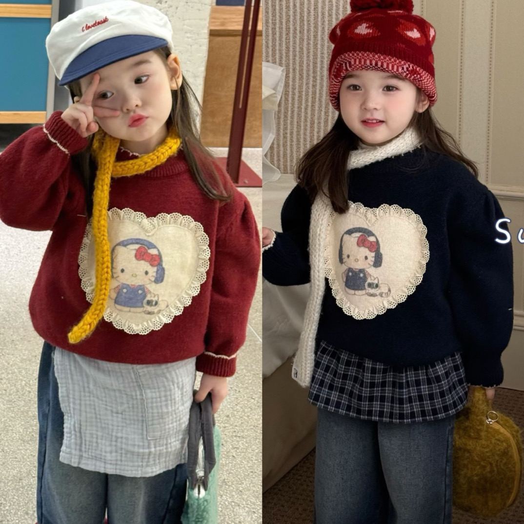苏右 25冬 65185女童韩版爱心刺绣花边Kitty套头毛衣