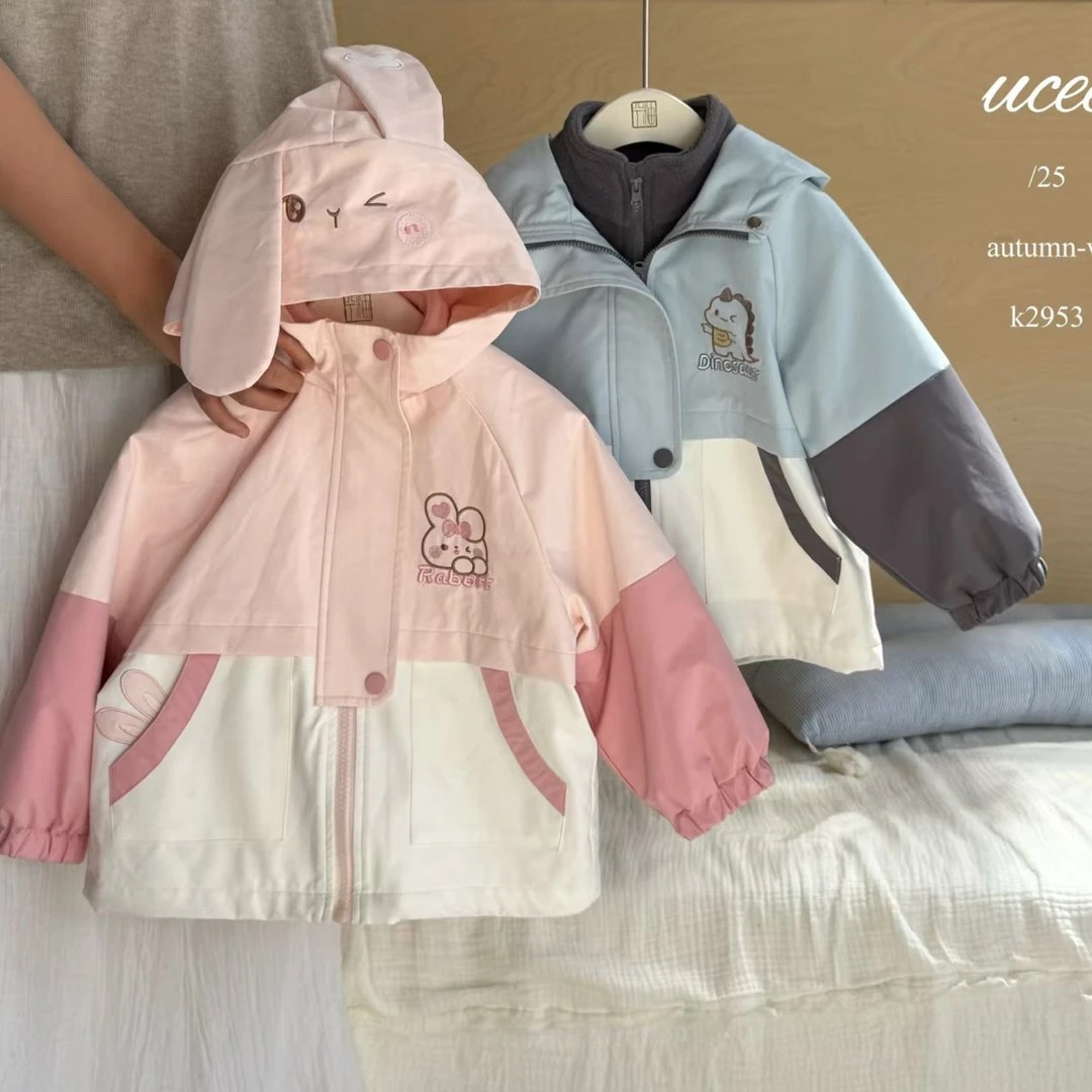 釉兮25冬女童韩版兔耳朵连帽外套拼色夹棉三合一冲锋衣