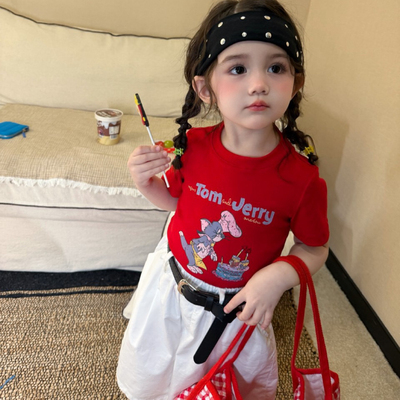 26夏 one豆 女童红色卡通短袖6577 白色中裤6216